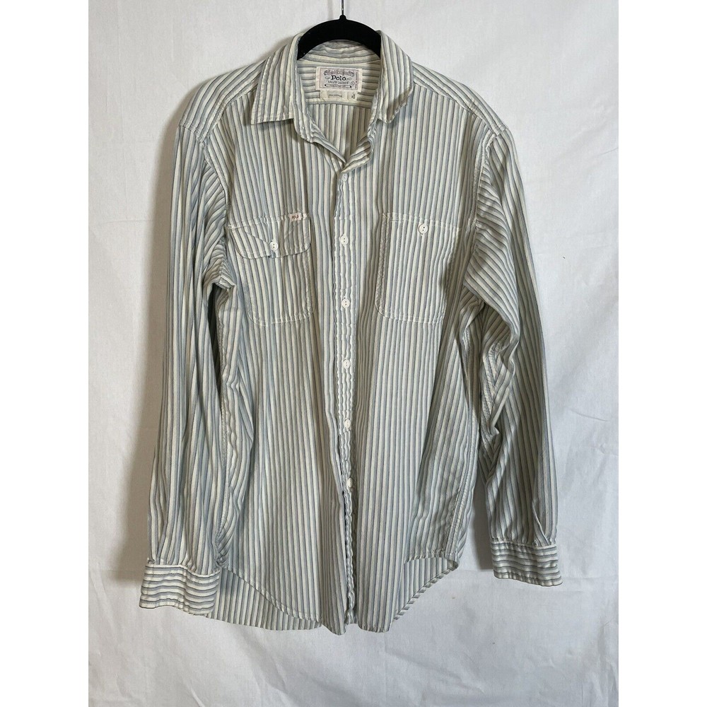 Polo Ralph Lauren Vintage Button Down 2 Pocket Shirt Blue & White Stripe Large